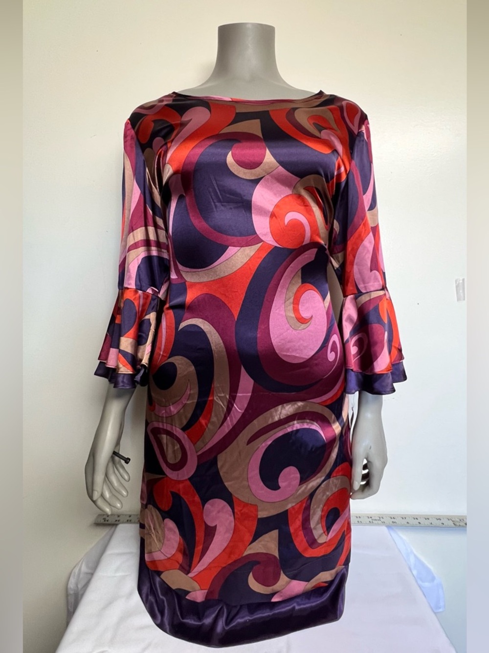 Mixit Purple Pink Red Swirl Satin Bell-Sleeve Dress